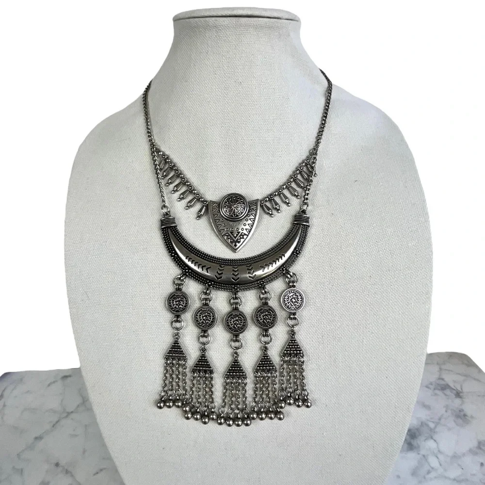 Southwestern Style Silver Toned Boho Statement Necklace